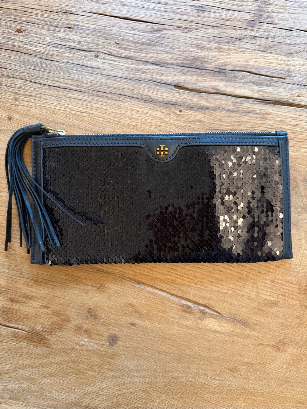 Tory Burch Black Sequin Tassel Zip Wristlet Clutch